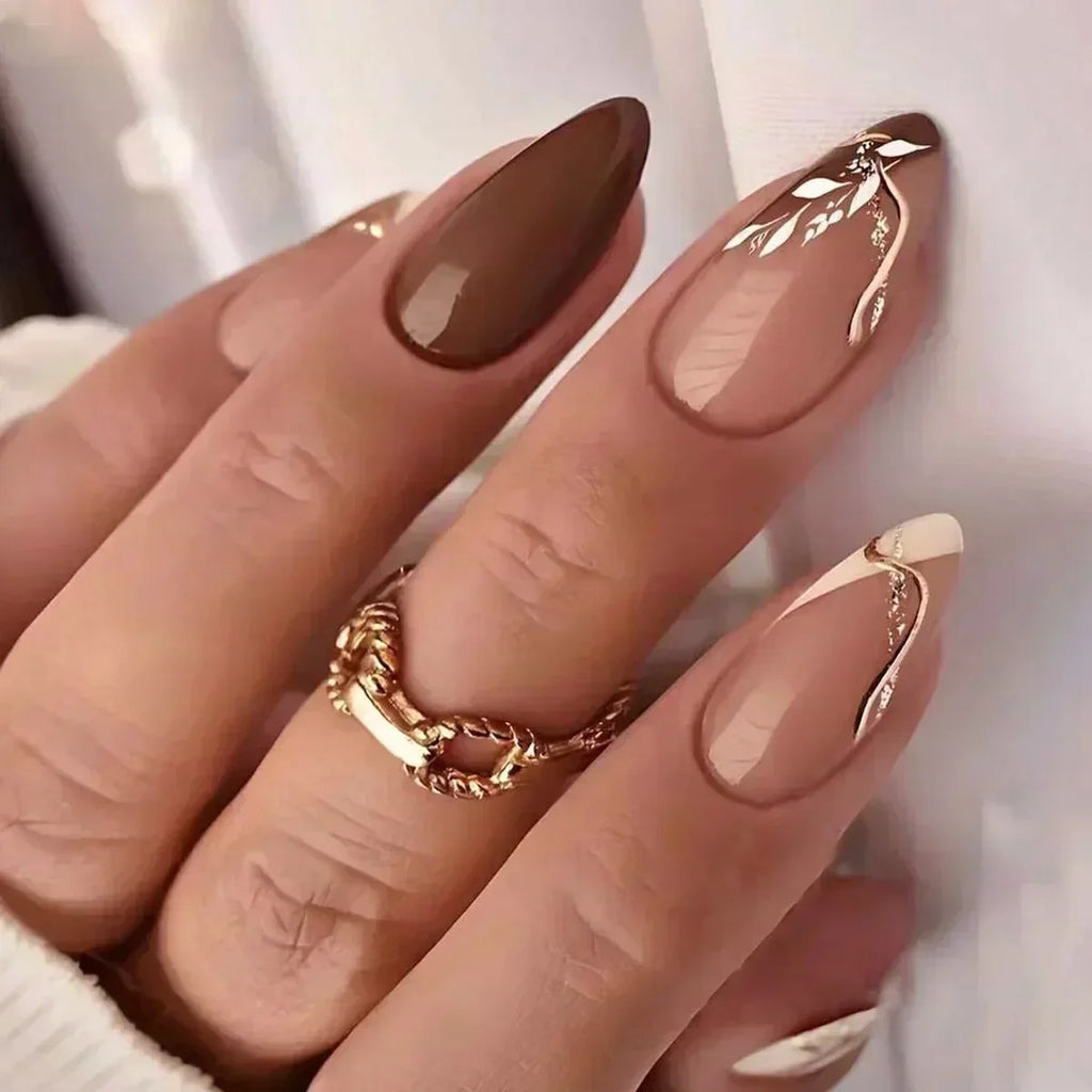 24pcs winter fall leaves brown black false nails with almond French artificial nails with glue short stiletto fake press on nail