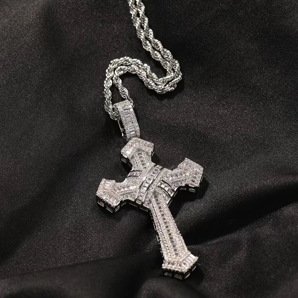 Shiny Ice Crystal Zircon Christian Cross Pendant Men and Women Hip Hop Trend Jewelry Catholic Amulet Necklace