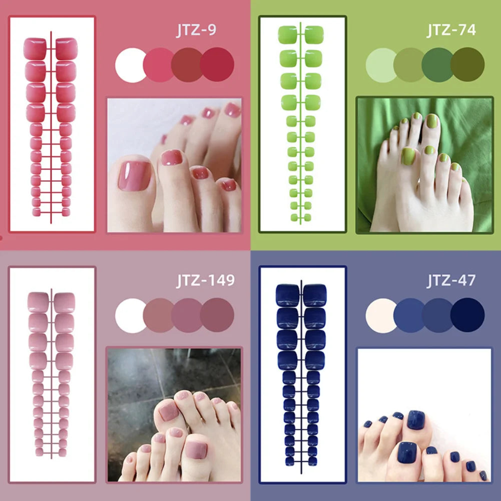 24P Acrylic Toenails Bright Faced Press on Nails Art Removable Short Fake Toenails Full Cover Artificial Toe False Nails No Glue