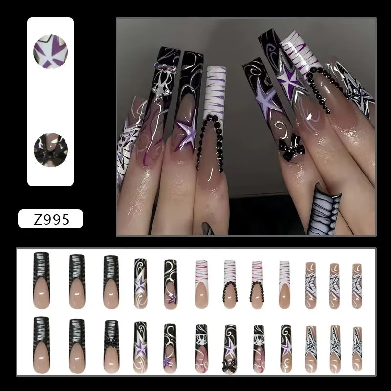 24Pcs Sweet Cool Spice Girl Press on Nails Black French Bow False Nails Y2k Star Glitter Diamond Nail Long Square Gel Fake Nails