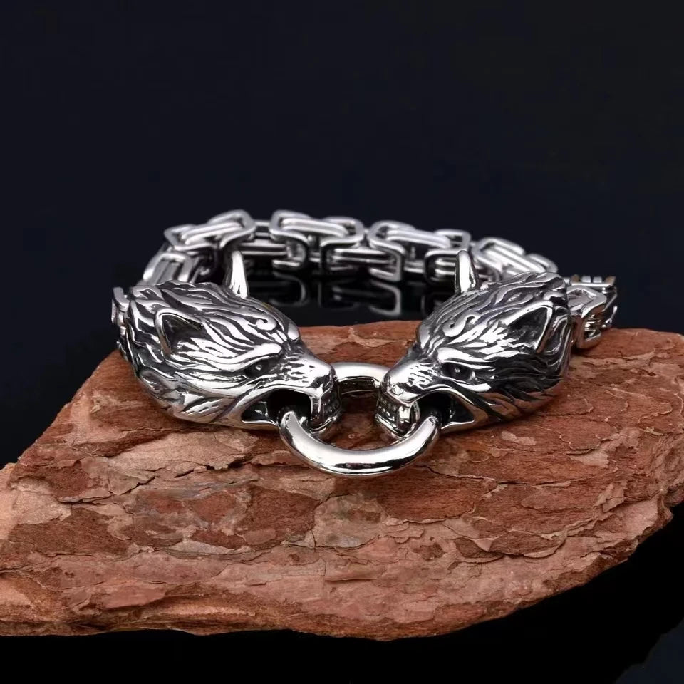 Nordic  Celtic Double Wolf Head Men's Stainless Steel Chain Bracelet Byzantine King Chain Punk Rock Party Jewelry