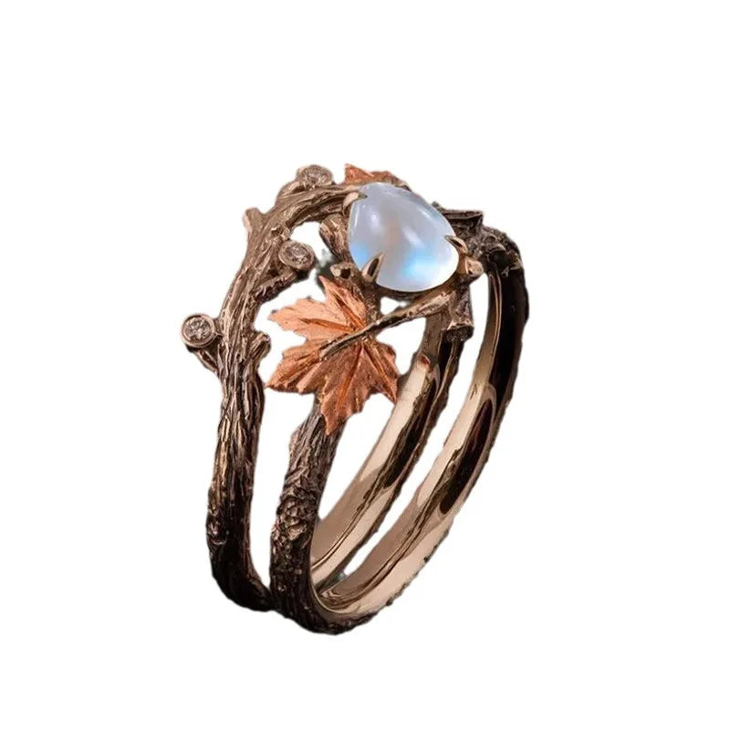 Vintage Antique Gold Twig Maple Leaf Moonstone Ring for Women Girls Light Luxury Ring Jewelry Accessories Anniversary Gifts