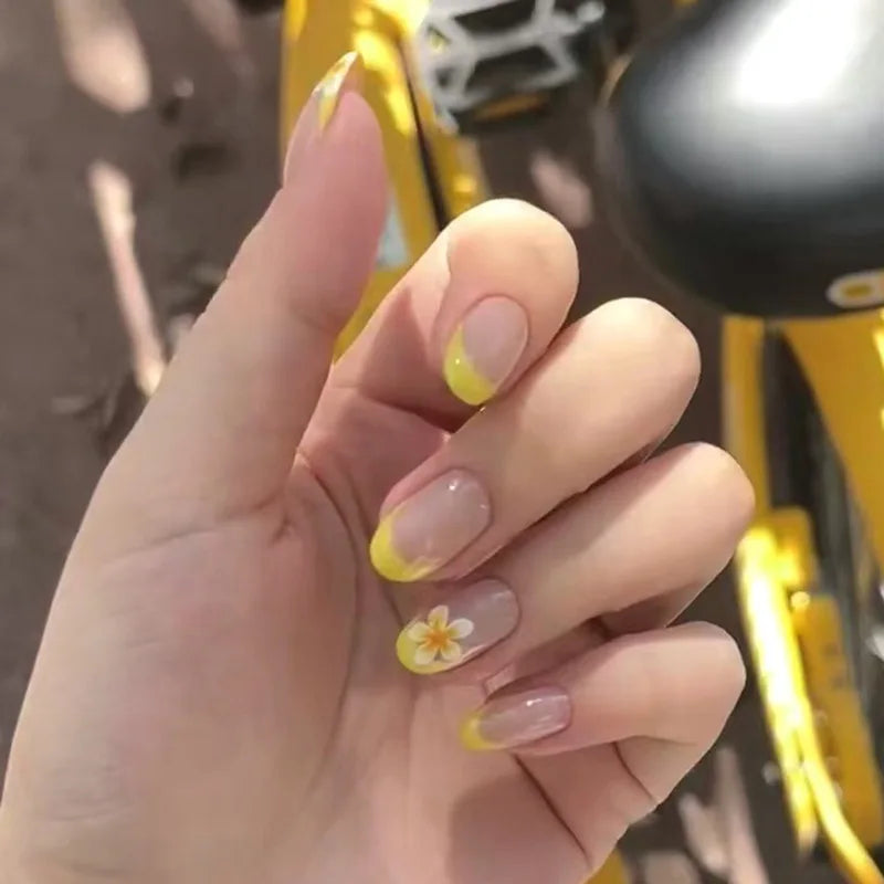 24Pcs 3D Flower Almond Nail Set Press on Nails with 3D Wave Drill False Nails French Tip Full Cover Artificial Nails Art Tips