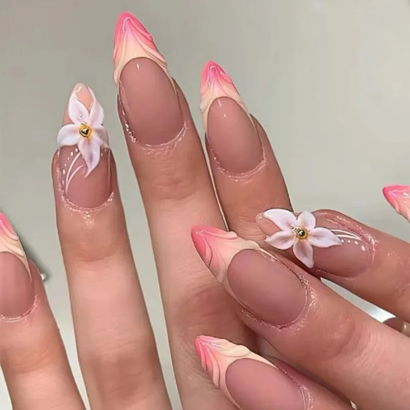 24Pcs 3D Flower Almond Nail Set Press on Nails with 3D Wave Drill False Nails French Tip Full Cover Artificial Nails Art Tips