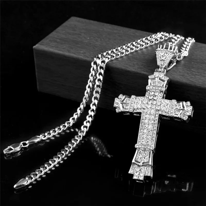 Shiny Ice Crystal Zircon Christian Cross Pendant Men and Women Hip Hop Trend Jewelry Catholic Amulet Necklace