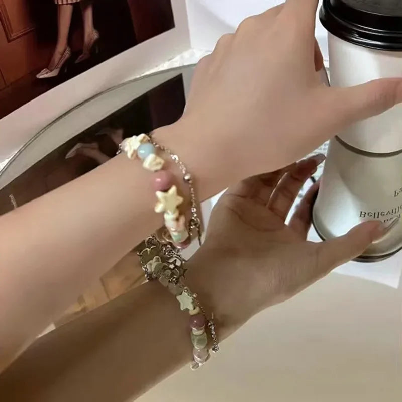 Women Summer Dopamine Sweet Cool Rhinestone Stars Bracelets Cute Cartoon Black Cat Heart Beads Bracelet Fashion Jewelry Gifts