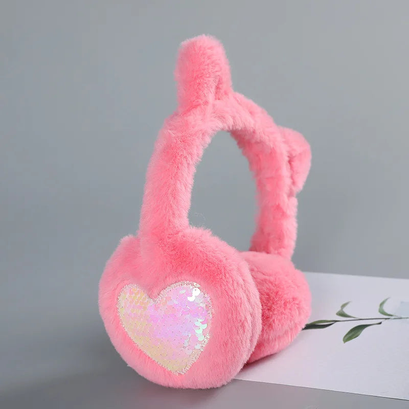 Child Cute Cat Ears Winter Warm Earmuffs Shiny Sequin Ear Soft Plush Earflaps for Kid Outdoor Ear Warmer Outdoor Cold Protection