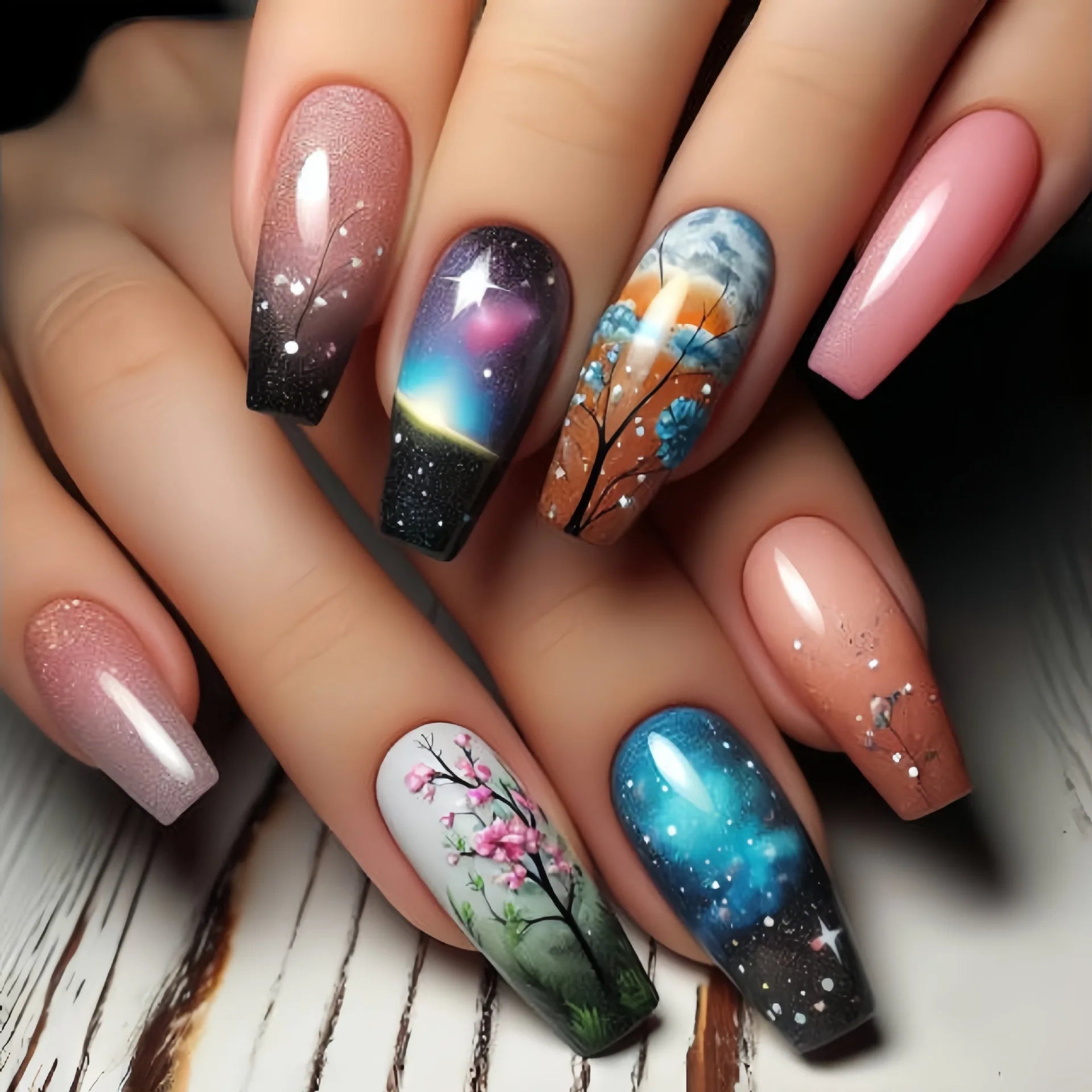 24Pcs Sweet Cool Coffin Fake Nails Butterfly Flower Acrylic Nail Glitter Glossy False Nail Full Cover Autumn Press on Nails Tips