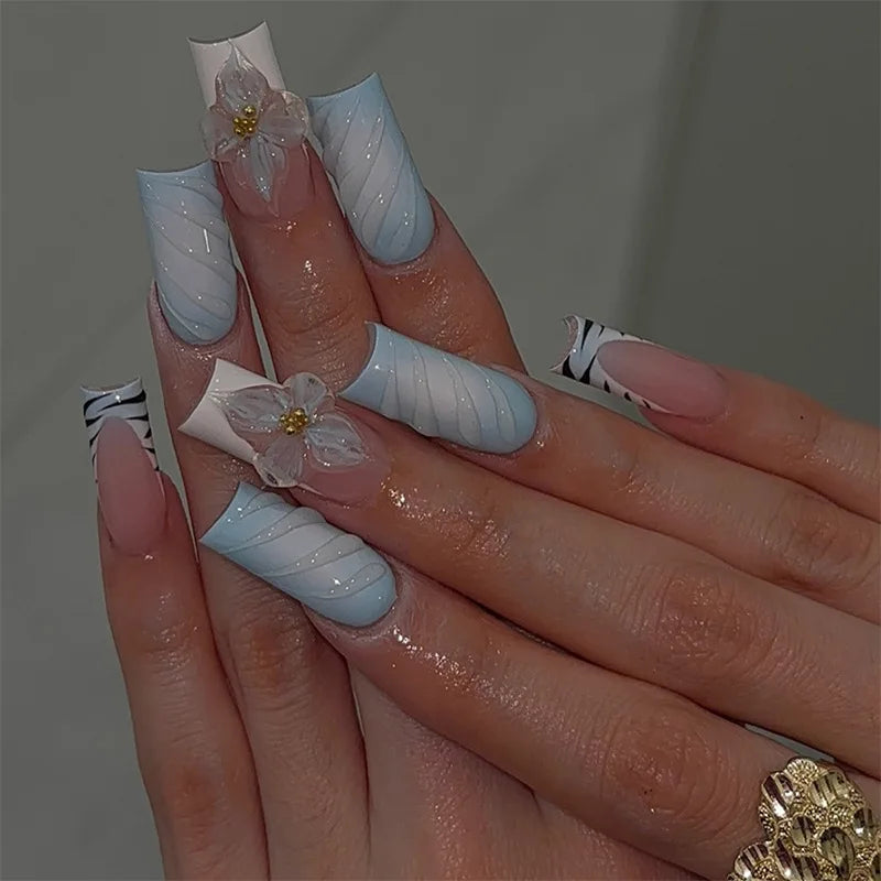 24Pcs Sweet Medium Square False Nails with Glue Blush Pink Flowers Fake Nails Full Cover French Acrylic Press on Nails for Girls