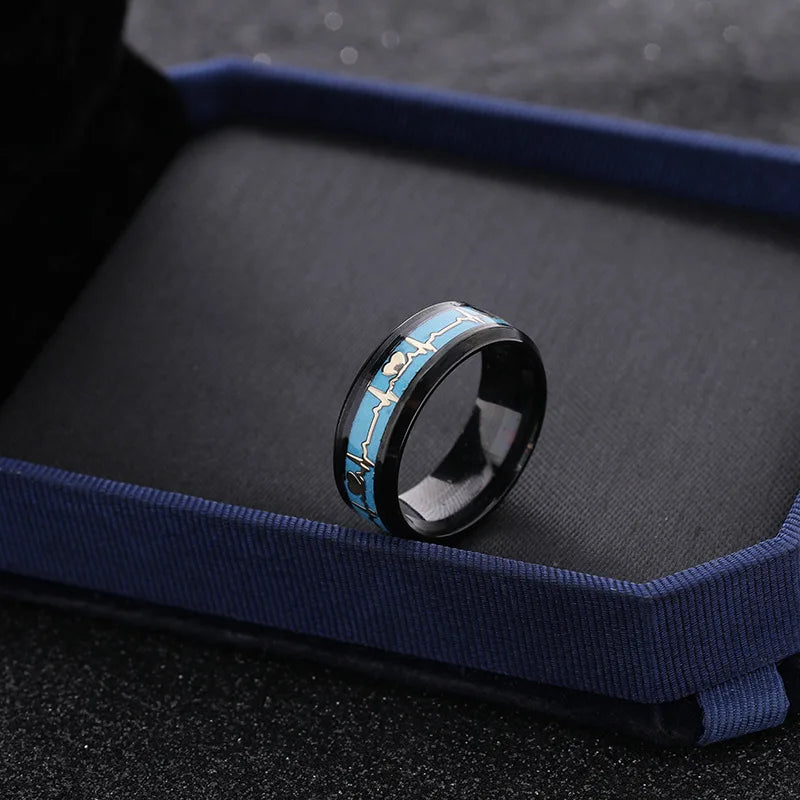 Fashion Love Heart Glow Rings Luminous Titanium Steel Teenager Heartbeat Fluorescence Couple Rings for Boys Girls Gifts
