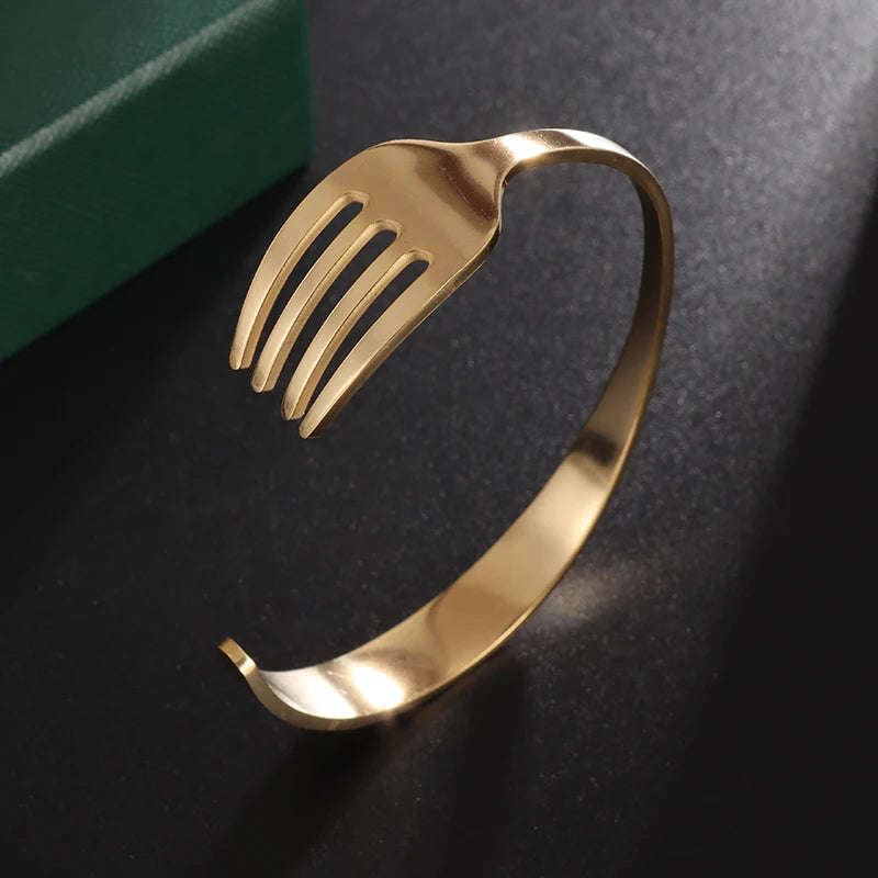 Creative Design Cutlery Knife Fork Men Bangles Women Stainless Steel Friendship Arm Cuff Open Bracelet Fun Trend Jewelry