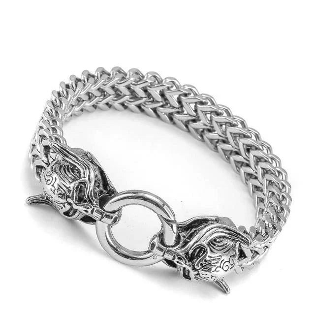 Nordic  Celtic Double Wolf Head Men's Stainless Steel Chain Bracelet Byzantine King Chain Punk Rock Party Jewelry