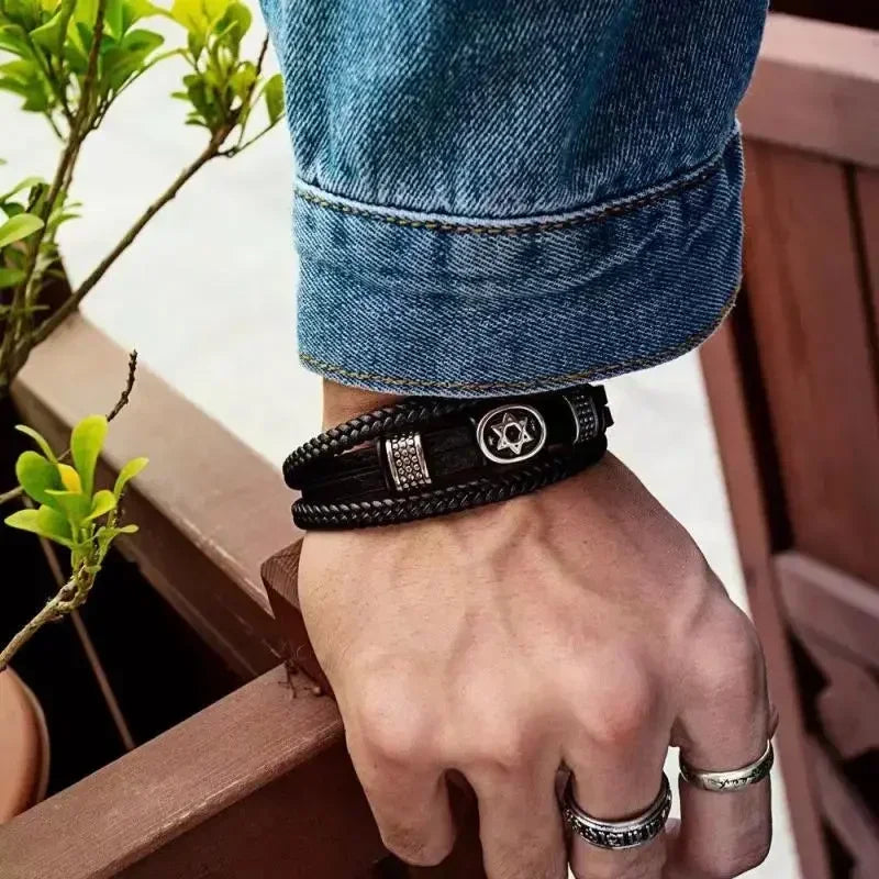 Fashion Star of David Multilayer Leather Braided Bracelet with Magnetic Clasp Men\\\\'s Vintage Judaica Amulet Jewelry