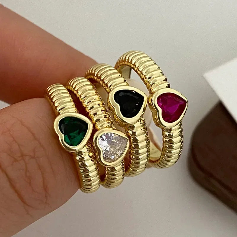 Silver Colorful Zircon Heart Rings for Women Cute Fine Jewelry Minimalist Adjustable Accessories Gift
