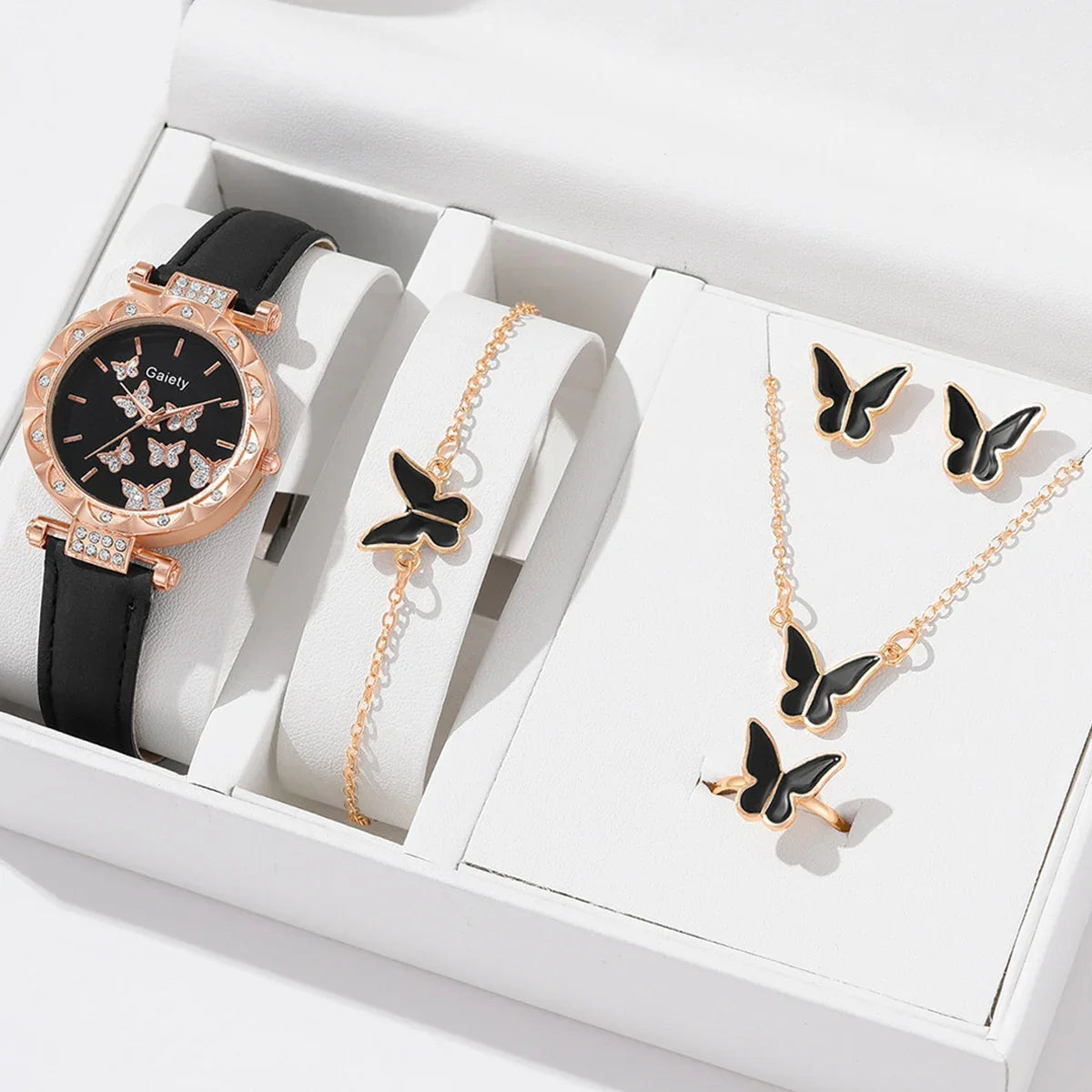 6pcs Luxury Watches Women's Ring Necklace Earrings Bracelet Set Watch Butterfly Leather strap Women's Quartz Watch No case