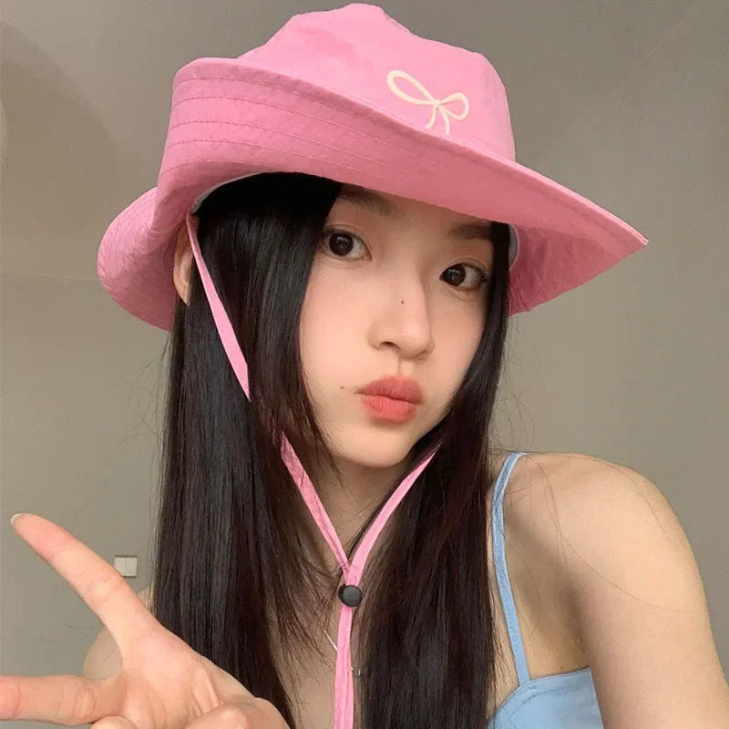 Fashion Bow Embroidery Quick Dry Bucket Hat Summer Hiking Camping Caps Wide Brim Fordable Sunscreen Y2K Hats Girl Women