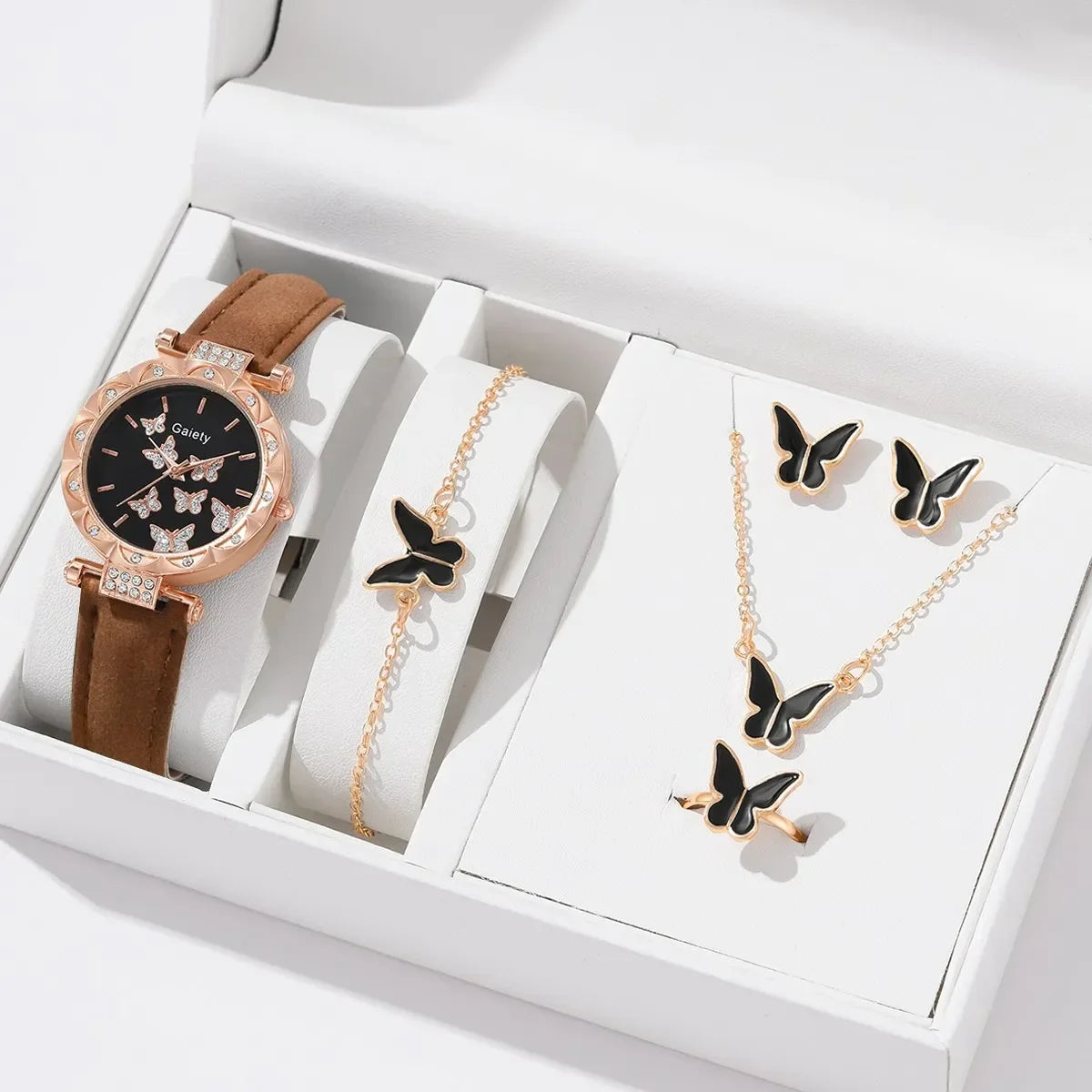 1/6PCS Set Luxury Watch Women Ring Necklace Earrings Rhinestone Fashion Wristwatch Ladies Casual Watches Bracelet Set Clock