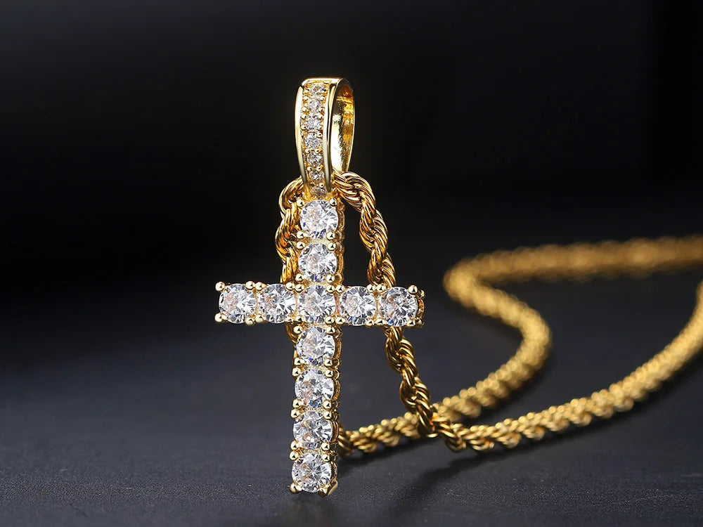 Cross Iced Out Pendant Necklace For Men Hip Hop Delicate Gold Color Cuban Rope Rapper Homme Chain on Neck Accessories OHP145