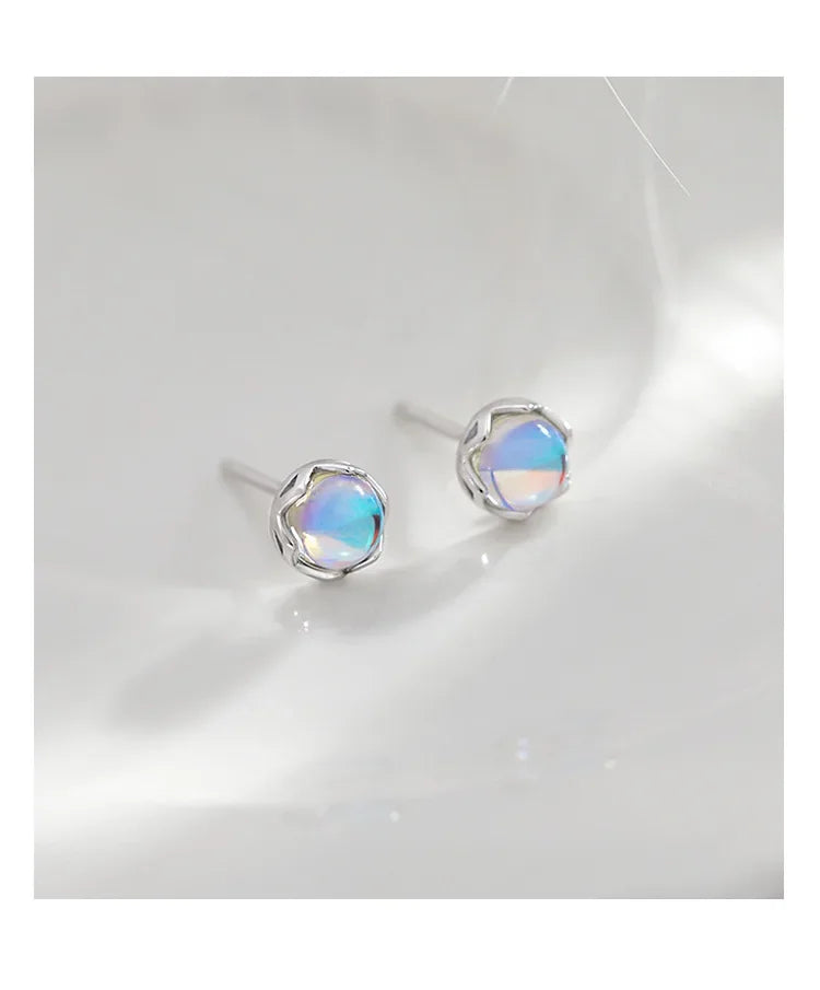 Mini Moonstone Small Round Stud Earrings for Women Simple Design Luxury Aurora Personality Exquisite Girls Charm Jewelry Gift