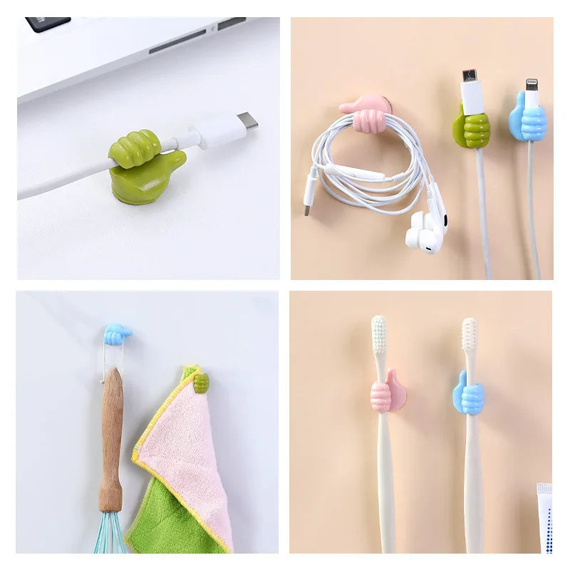 2pcs Self-Adhesive Wall Decoration Hook Creative Silicone Thumb Key Hanger Hook Home/Office Data Cable Clip Wire Desk Organizer