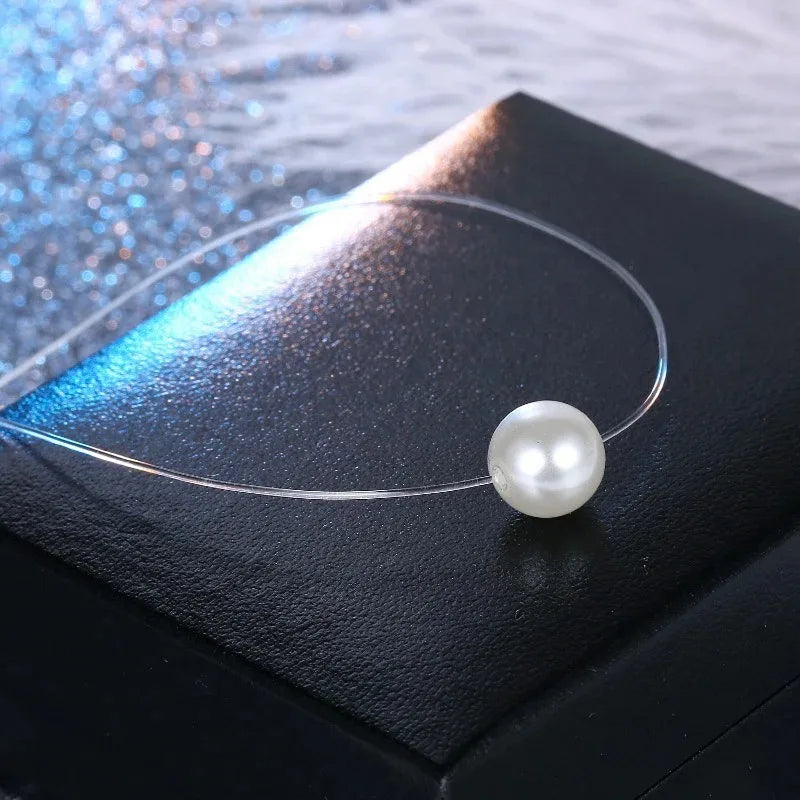 Transparent Fishing Line Invisible Pearl Zircon Necklace Simple Round Bead Choker Pendant Delicate Ladies Short Necklace Fashion