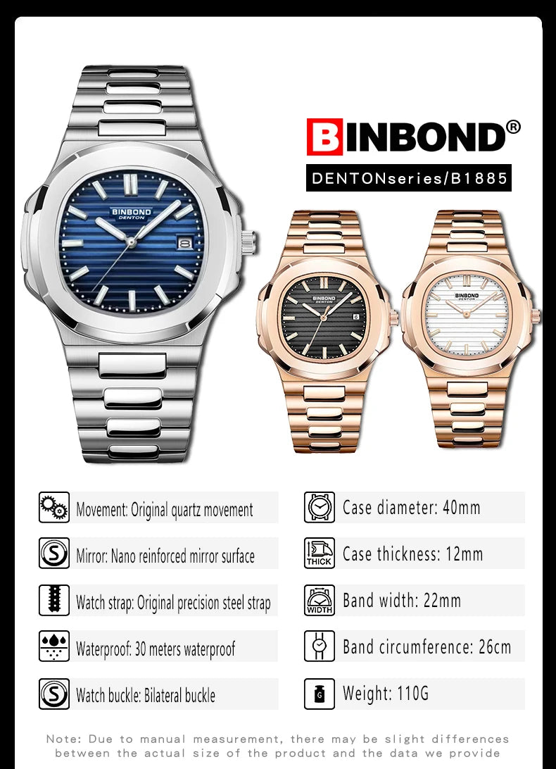 BINBONG B1885 Luxury Business Men Quartz Wristwatch 30M Waterproof Luminous Stainless Strap Men's Watches Relogio Masculino