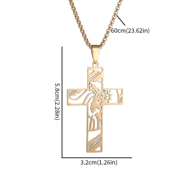 Catholic Jesus Cross Stainless Steel Pendant Necklace for Men Women Vintage Christian Prayer Jewelry