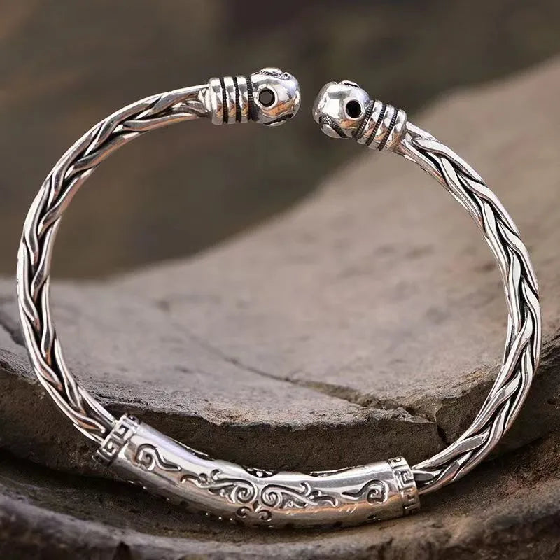Retro Pattern Sanskrit Opening Bracelet Buddhist Six-Character Mantra Twist Cuff Bangles Men and Women Fashion Jewelry Gift