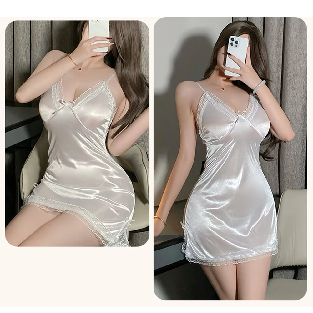Sexy Lingerie Women Satin Suspender Nightdress Thong Pajama Thin Lace Slit Bow Singlets Dress Teddies Bodysuit Sexy Outfit