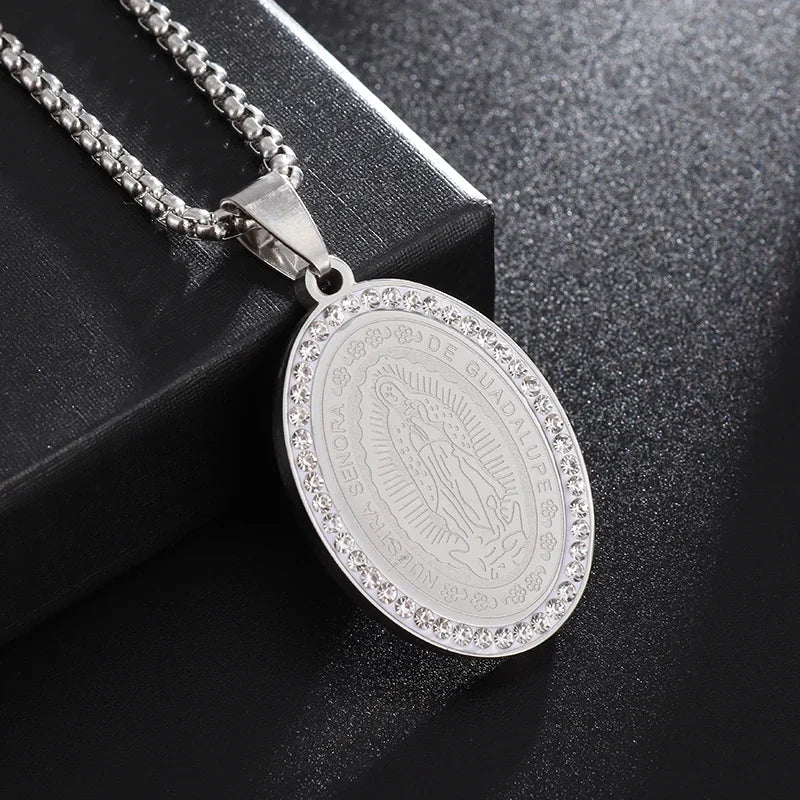 Beautiful Stainless Steel Catholic Virgin Mary Portrait Square Pendant Necklace for Men and Women Religious Catholic Jewelry