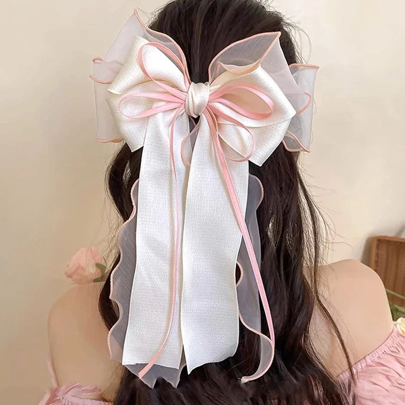 Chiffon Bow Hair Clips Girls Sweet Blue Shining Satin Bowknot Hair Clips Ribbon Bow Barrette Hairpin Grip Ponytail Clip 머리핀