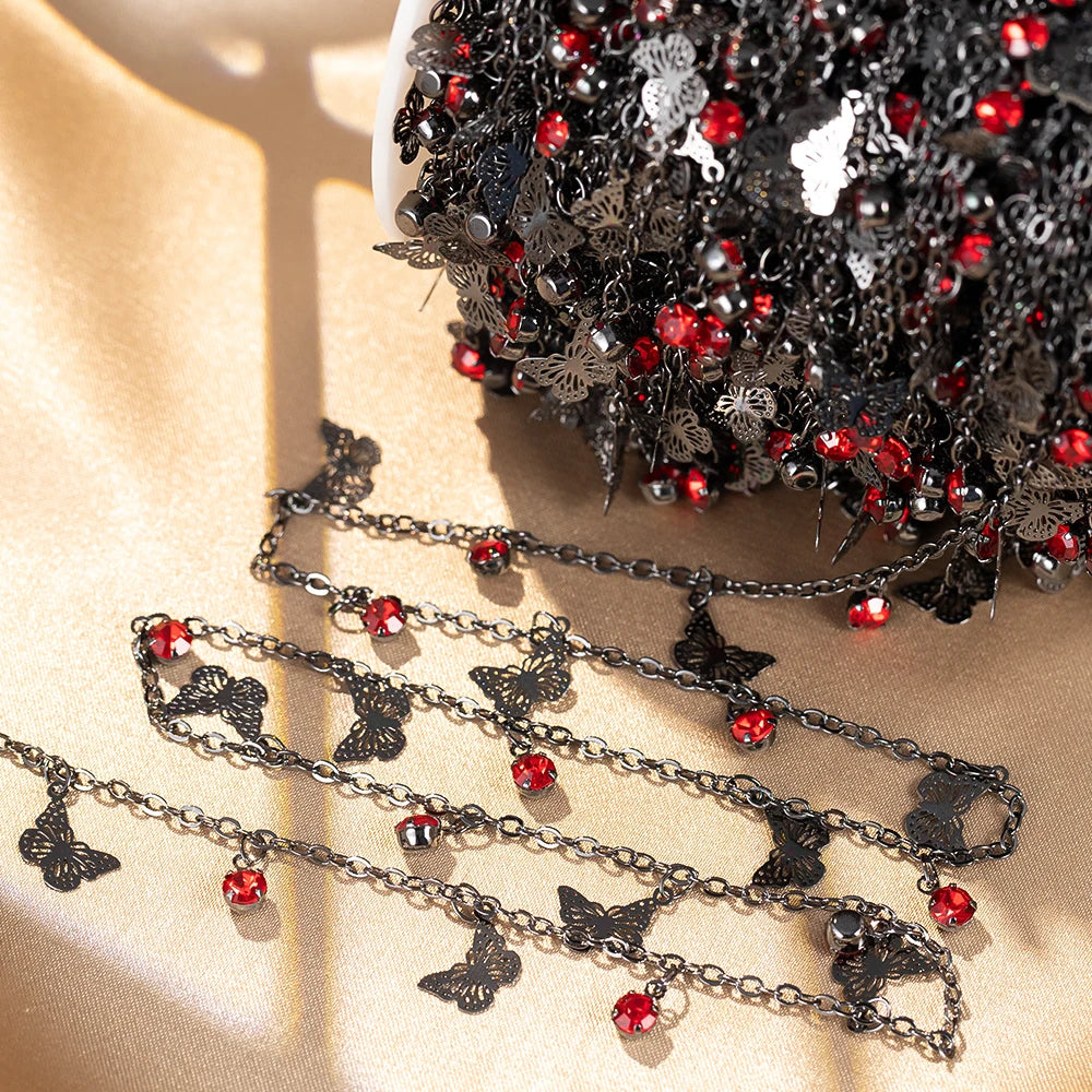 100CM 50CM Red Crystal Bead Charms Butterfly Pendants Gunblack Copper Chains For Jewelry Making DIY Necklaces Bracelets Chains