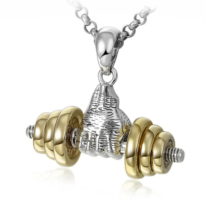 Cool Titanium Steel Dumbbell Pendant Necklace Barbell Fitness Pendant Men and Women Leisure Sports Punk Jewelry