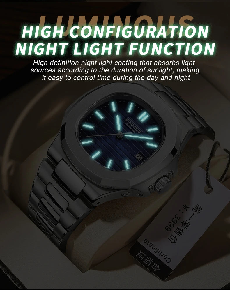 BINBONG B1885 Luxury Business Men Quartz Wristwatch 30M Waterproof Luminous Stainless Strap Men's Watches Relogio Masculino