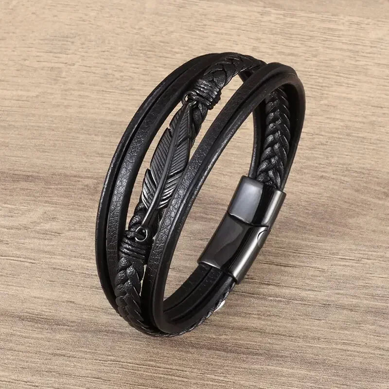 Classic Vintage Magnetic Buckle X Pendant Black Leather Bracelet, Suitable for Men\\\\\\'s Fashion Casual Rock Jewelry