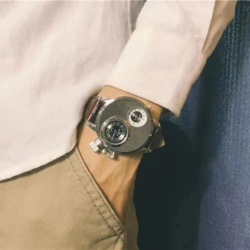 YIKAZE Luxury Quartz Men's Watches Punk Style Dual Dial Business Men Wristwatch Stainless Steel Strap Waterproof Military Watch