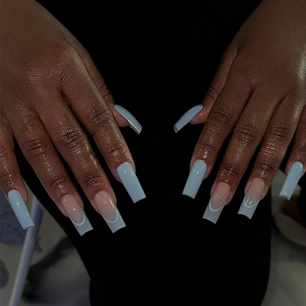 24Pcs Extra Long Square Fake Nail with Glue 3D Little Bear Bow Design False Nails White French Press on Nails Wearable Manicure