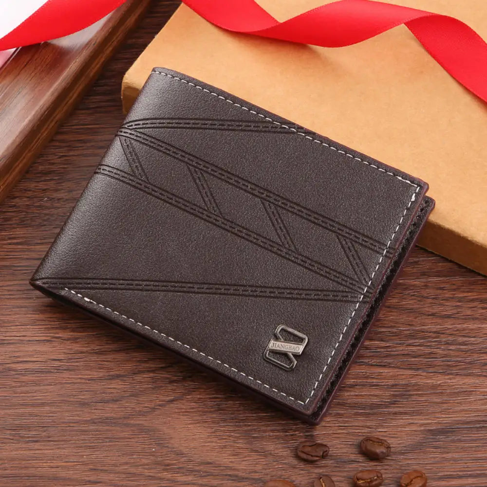 Lychee Texture PU Leather Men's Wallet Short Cash Purse Multi Card Slot Patchwork Card Holder Photo Holder Horizontal Money Clip