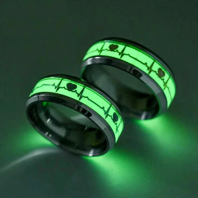 Fashion Love Heart Glow Rings Luminous Titanium Steel Teenager Heartbeat Fluorescence Couple Rings for Boys Girls Gifts