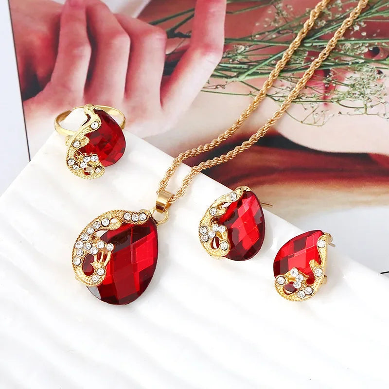 4PCS Trendy Water Droplets Peacock Jewelry Set Crystal Elegant Creative Series Peacock Exquisite Crystal Korean Edition Jewelry