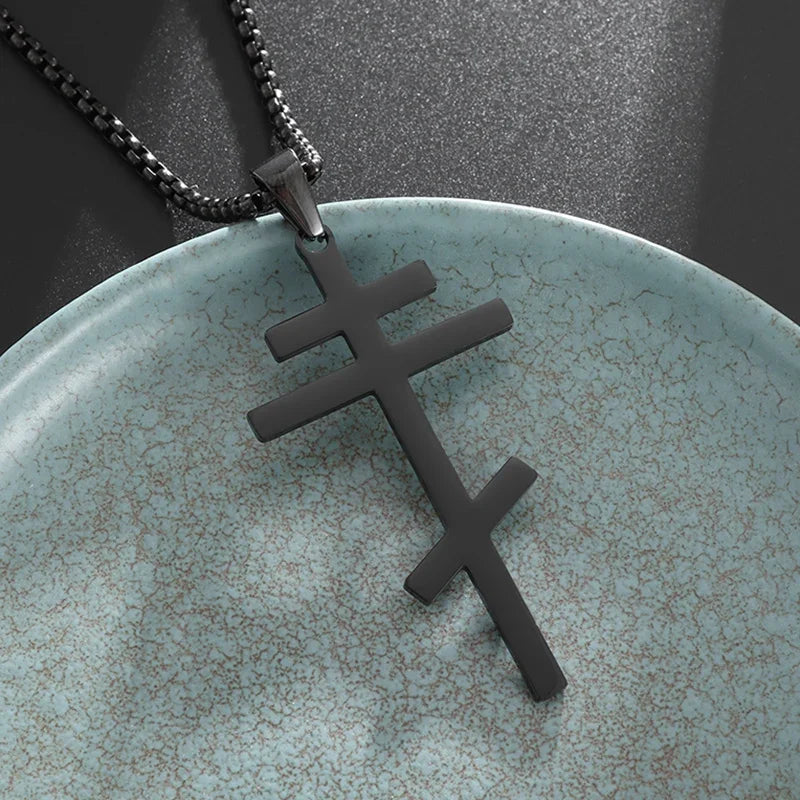 Catholic Jesus Cross Stainless Steel Pendant Necklace for Men Women Vintage Christian Prayer Jewelry