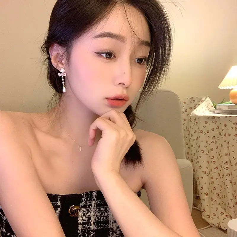 Fashion French Lovely Elegant Earring Vintage Mini Luxury Bow Heart Ear Stud Korean Style Pearl Earrings Women Drop Earrings