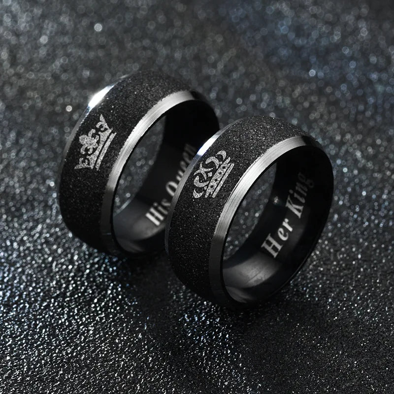 Black Frosted Stainless Steel Couple Rings Queen Men and Women Rings Fashion Romantic Couple Rings Jewelry Wholesale