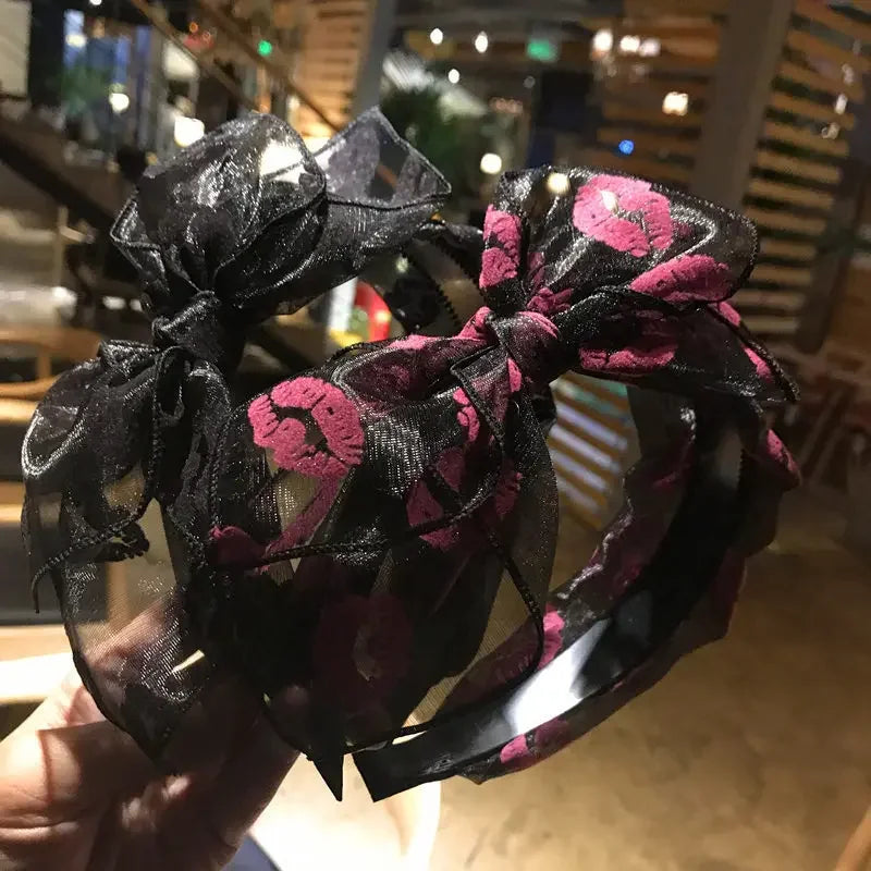 Bow Hairband Black Mesh Headband for Women Korean Fashion Double Layers Headbands with Lips Print Ladies Hair Accessories