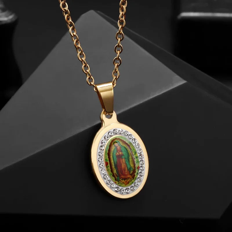 Beautiful Stainless Steel Catholic Virgin Mary Portrait Square Pendant Necklace for Men and Women Religious Catholic Jewelry