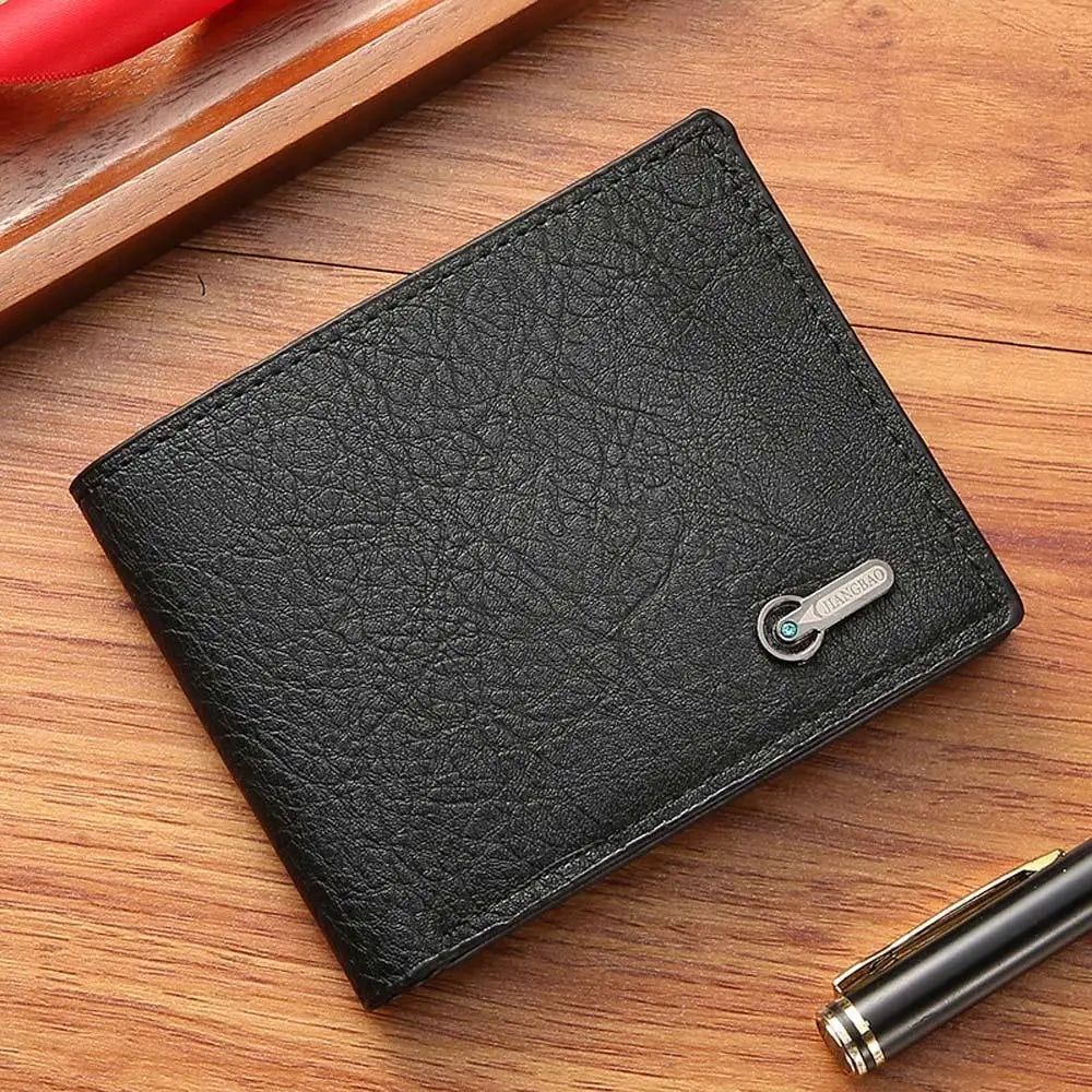 Lychee Texture PU Leather Men's Wallet Short Cash Purse Multi Card Slot Patchwork Card Holder Photo Holder Horizontal Money Clip