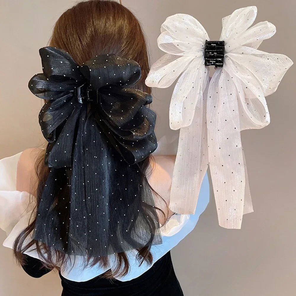 Large Pearl Bow Hair Claw Clip Sweet Elegant Hairpins Women Ponytail Hair Crab Clips Girls Mesh Ribbon Non-slip Hair Accessories