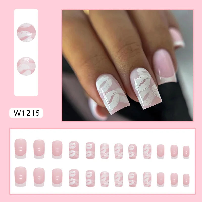 Simple French 24 Pcs Press on Nails Pink Gradient Fake Nails Glossy Artificial Finger Manicure Reusable False Nails for Women