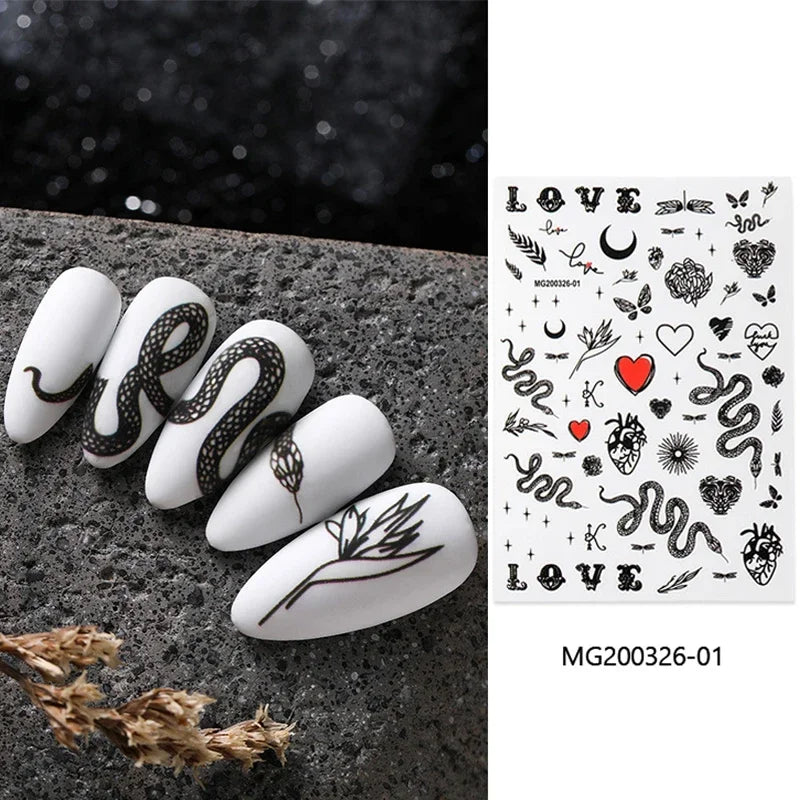 3D Chinese Red Black Dragon Manicure Decor Stickers Snake Nail Sticker DIY Self Adhesive Nail Decals Acrylic Nail Art Decoration