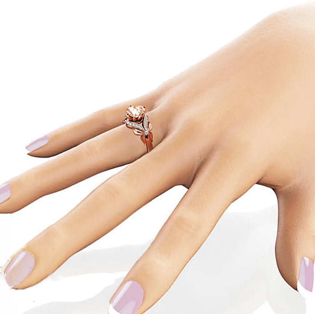 Dazzling Rose Gold Color Metal Flower Round Rose Stone Ring Luxury Party Engagement Wedding Rings for Women Jewelry